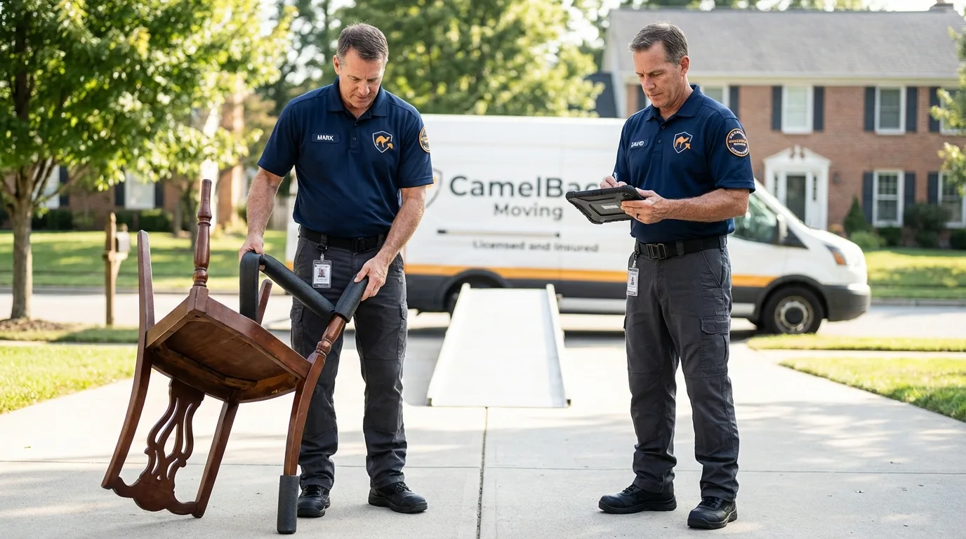 Movers inspecting furniture for damage prevention before loading in Hadley, NY