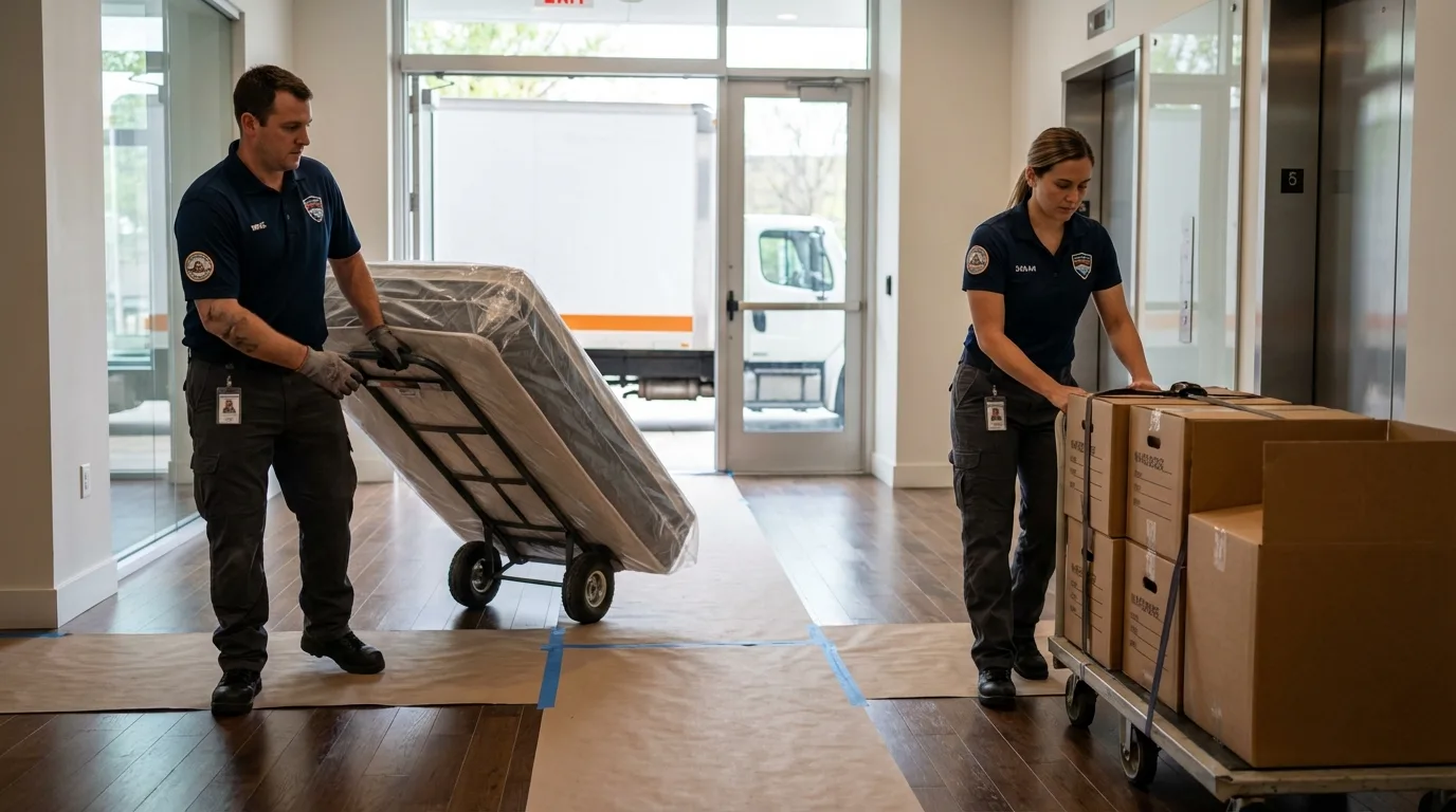 Professional apartment movers loading elevator in Hadley, NY