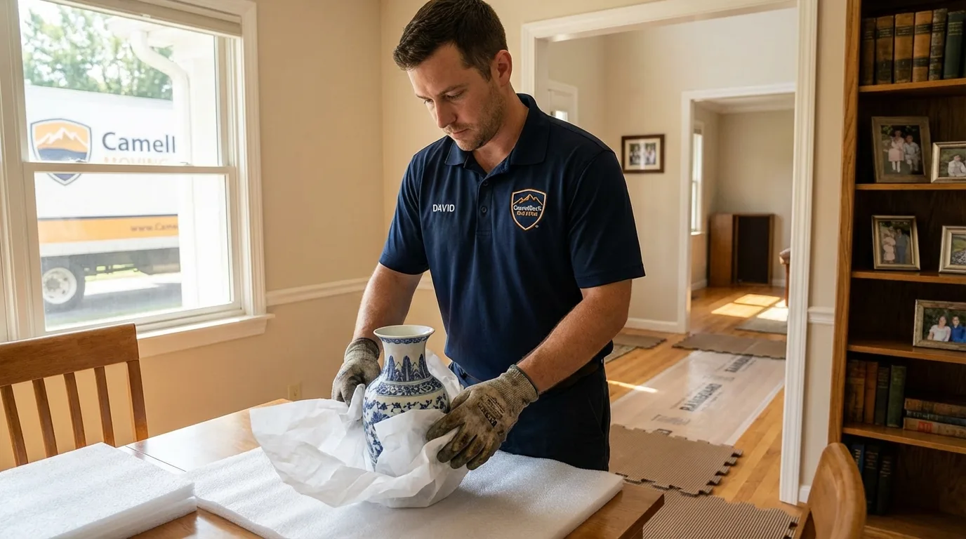 Professional crew carefully wrapping antique vase for senior downsizing move in Hadley, NY